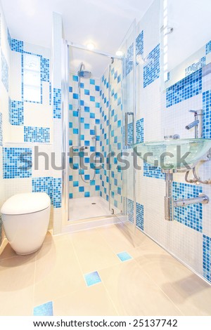 Interior shot of modern and new blue bathroom