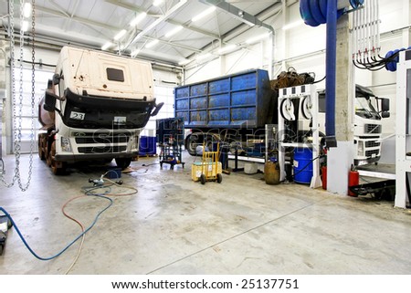 Interior shot of big truck service garage