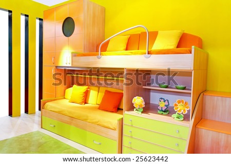 Beds Kids Room on Interior Of Yellow Kids Room With Bunk Beds Stock Photo 25623442