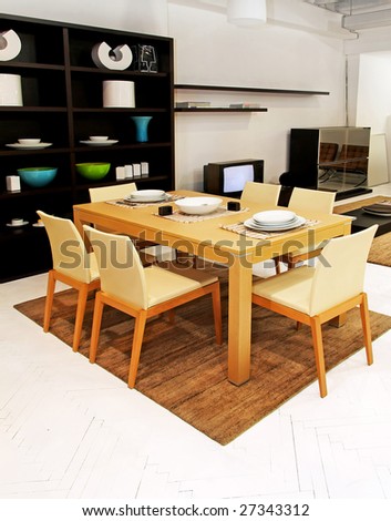 Retro style dinner room with wooden furniture