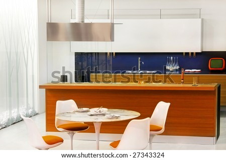 Interior of retro kitchen with big counter