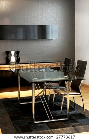 Interior of dark style office with glass table