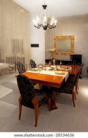 Interior of dinner room in rustic style