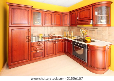 Interior of wooden kitchen in classic style