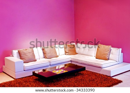 Interior of living room with purple walls