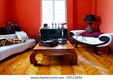 Living Room Furniture on Red Living Room With Vintage Style Furniture Stock Photo 34522846
