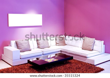 Interior of living room with purple walls