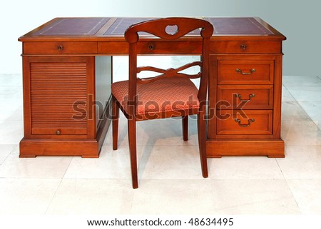 Home Desk Chair on Old Wooden Desk For Home Office With Chair Stock Photo 48634495