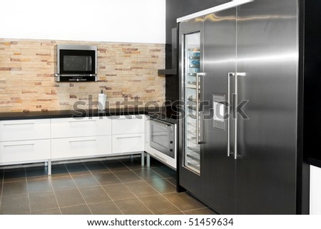 Modern Kitchen Interior With Very Big Fridge Stock Photo 51459634 ...