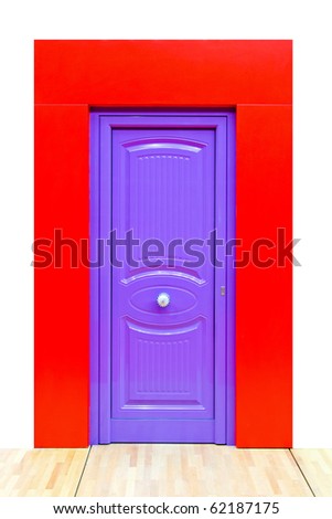 Closed purple door entrance at red wall