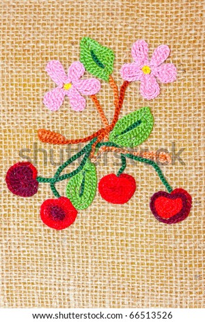 Retro cherry decoration embroider on beige sack cloth