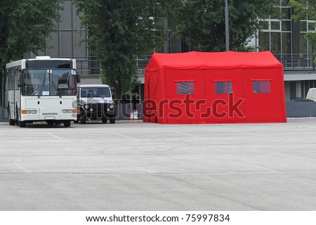 Red inflatable hospital tent in emergency situations