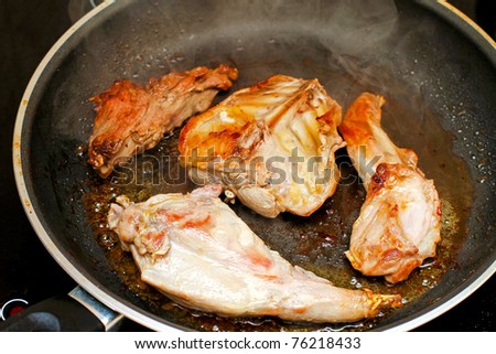 Wild rabbit meat roasting in hot pan