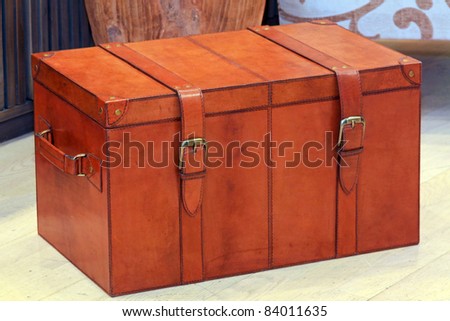 Vintage Style Luggage on Vintage Style Brown Leather Luggage Trunk With Straps Stock Photo