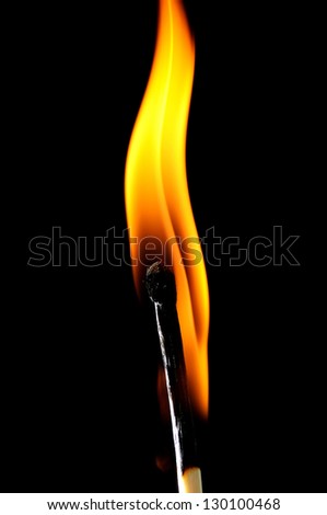 Closeup of burning match, isolated on white background.