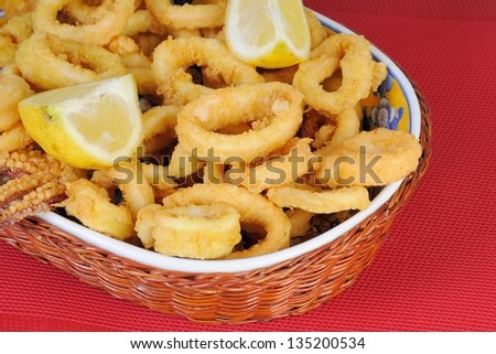 Fried calamari, fried squid with lemon