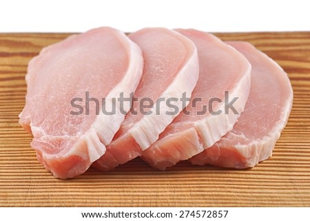 Meat, pork, slices pork loin on wooden board and white background