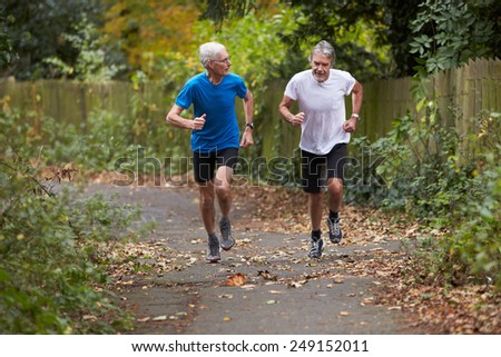 Two Mature Male Joggers Running Along Path