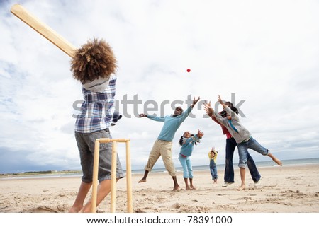 Family playing cricket on beach