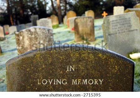 In loving memory, shallow DOF, focus on tombstone wording