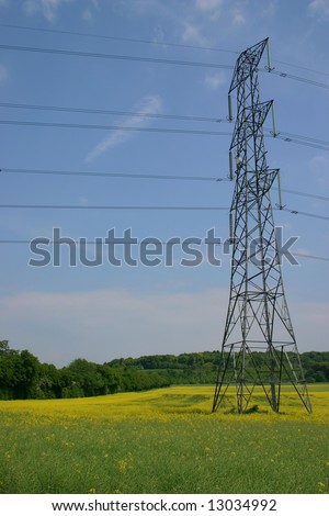 British electricity pylon carrying UK national grid high voltage power cables in a farmers rapeseed crop field