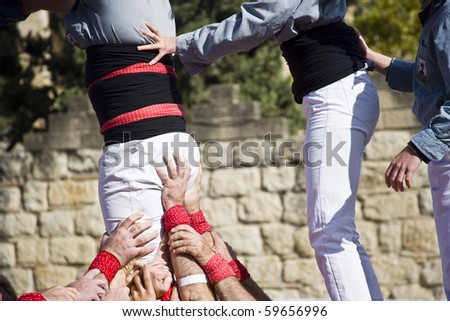 Castellers, human towers, in Sant Cugat del Valles, near to Barcelona. Catalonia, Spain.