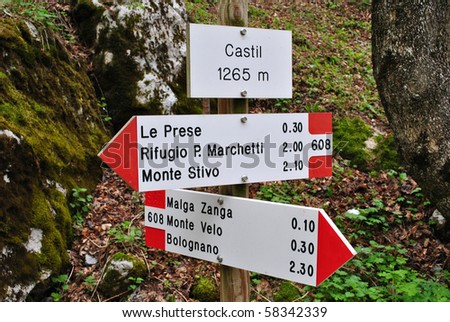 indications of hiking trails in the valleys of the Trentino valley surrounded by pine forests Gresta