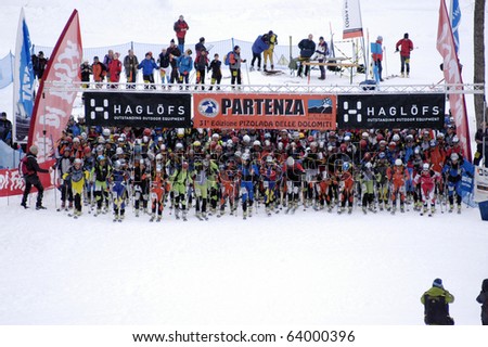 MOENA, ITALY - APRIL 01: Skiers at the start of Championship Cup of the Dolomites ski touring April 01, 2007 in Moena, Trentino Alto Adige, Italy