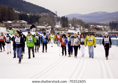 TESERO, ITALY -  JANUARY 29: Race Nordic Skiing for guests and VIP\'s at the cross-country ski stadium, classic style January 29, 2011 In Tesero, Trentino-South Tyrol - Italy