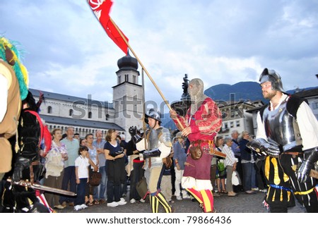 TRENTO - JUNE 24: Historical pageants with period costumes to celebrate Trento\'s patron saint, San Vigilio June 24,2011 In Trento, Italy. The celebration for the Saint Patron of the town.