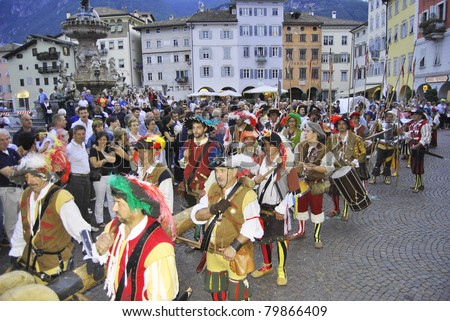 TRENTO - JUNE 24: Historical pageants with period costumes to celebrate Trento's patron saint, San Vigilio June 24,2011 In Trento, Italy. The celebration for the Saint Patron of the town.