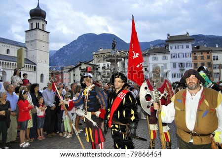 TRENTO - JUNE 24: Historical pageants with period costumes to celebrate Trento\'s patron saint, San Vigilio June 24,2011 In Trento, Italy. The celebration for the Saint Patron of the town.