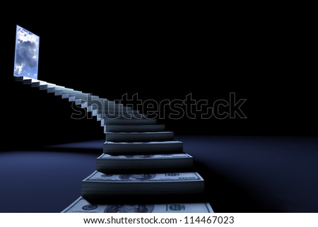 Success stair with money steps and shining door