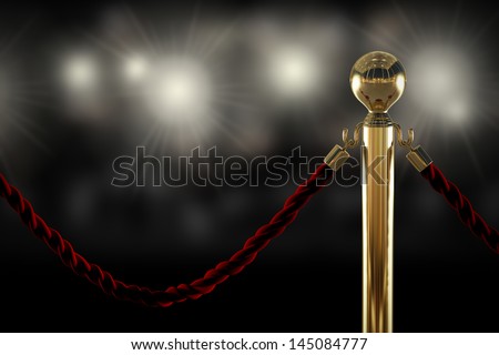 Red Velvet Rope Barrier Close-Up With Flash Light On Background