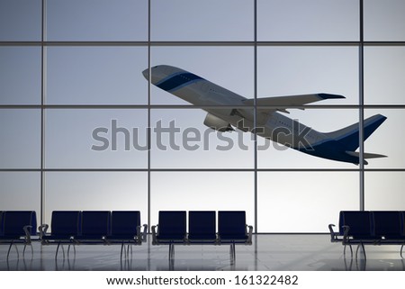 Inside Terminal with plane shape taking off on background