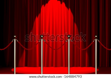 Velvet red rope barrier with a shining curtain on the background