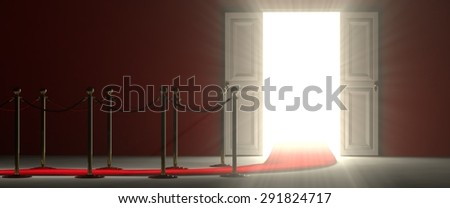 A footpath leads you to the door of opportunities and success. The path is delimited by an illuminated red carpet, red rope barrier and golden supports.\
The door is open and it lets in a lot of light