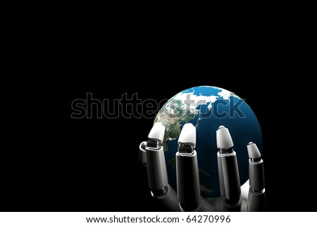 Cyborg hand holding the earth on a black background