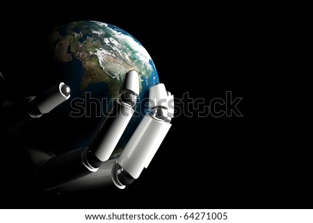 Cyborg hand protecting earth on a black background