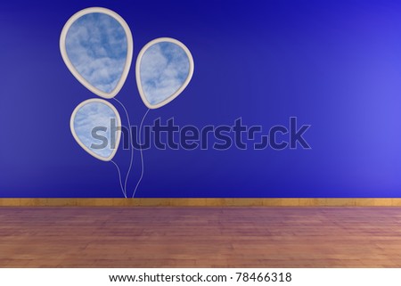 White balloon white sky image on blue wall