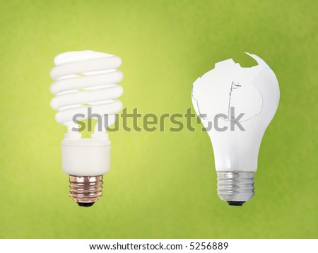 compact fluorescent energy saving environment friendly vs old fashioned broken bulb on green background