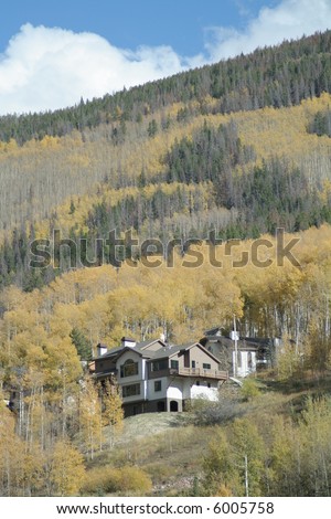 Luxury homes on mountain side during yellow autumn leave changing