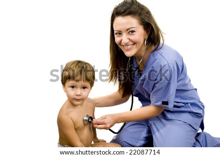Young nurse with young child isolated on white background