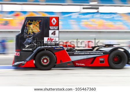 ISTANBUL, TURKEY - MAY 12: Markus Oestreich of Renault MKR Technology team at pit lane before 2nd Race of FIA European Truck Racing Championship on May 12, 2012 in Istanbul, Turkey.