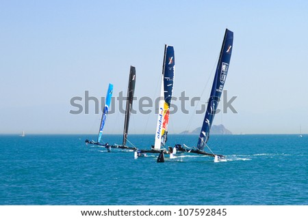 ISTANBUL - JUNE 09: Groupe Edmond De Rothschild, Red Bull Sailing, ZouLou and The Wave, Muscat team boats compete in the Extreme Sailing Series, on June 09, 2012 Istanbul, Turkey.