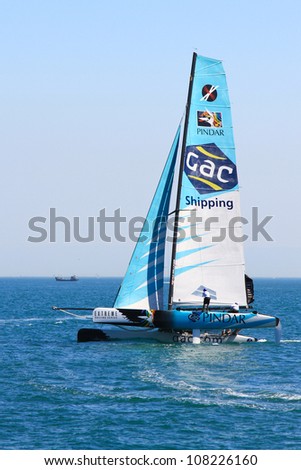 ISTANBUL - JUNE 09: Skipper Ian Williams, GAC Pindar team boat competes in the Extreme Sailing Series, on June 09, 2012 Istanbul, Turkey.