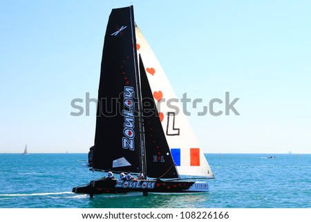 ISTANBUL - JUNE 09: Skipper Erik Maris, ZouLou team boat competes in the Extreme Sailing Series, on June 09, 2012 Istanbul, Turkey.