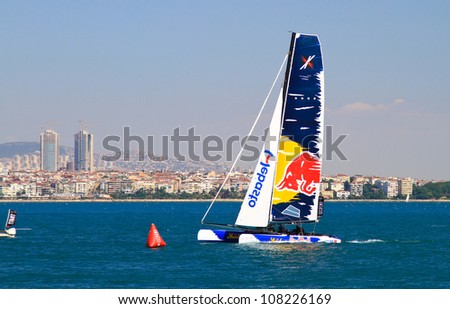 ISTANBUL - JUNE 09: Skipper Roman Hagara, Red Bull Sailing team boat competes in the Extreme Sailing Series, on June 09, 2012 Istanbul, Turkey.