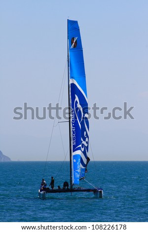 ISTANBUL - JUNE 09: Skipper Leigh McMillan, The Wave, Muscat  team boat competes in the Extreme Sailing Series, on June 09, 2012 Istanbul, Turkey.