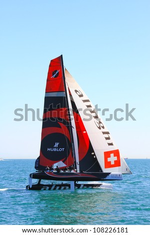 ISTANBUL - JUNE 09: Skipper Ernesto Bertarelli, Alinghi team boat competes in the Extreme Sailing Series, on June 09, 2012 Istanbul, Turkey.
